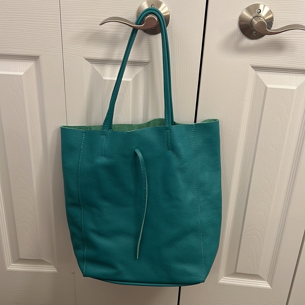Teal Leather Tote Bag